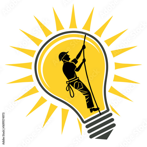 Silhouette of a person rappelling inside a bright light bulb symbolizing innovation and bright ideas
