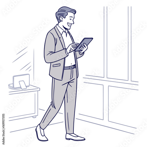 Smiling businessman in a suit walking and looking at a tablet device in a modern office setting