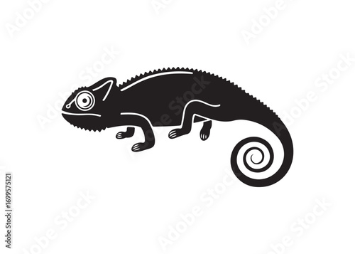 Chameleon lizard silhouette design with spiral coiled tail vector art.