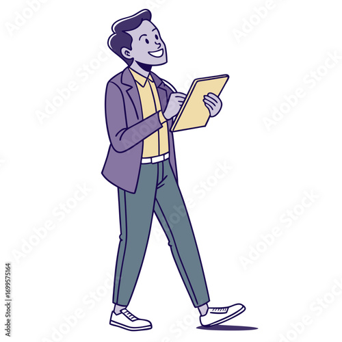 Smiling businessman in casual attire walking and holding a tablet computer with a focused expression