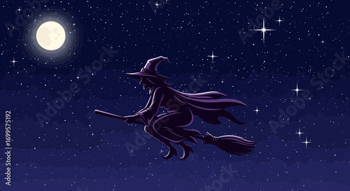 Mysterious Witch on Broomstick Flying Through Starry Night Sky with Full Moon