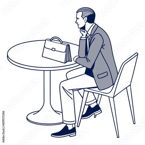 Thoughtful businessman in a suit sitting at a round table with a briefcase contemplating a decision