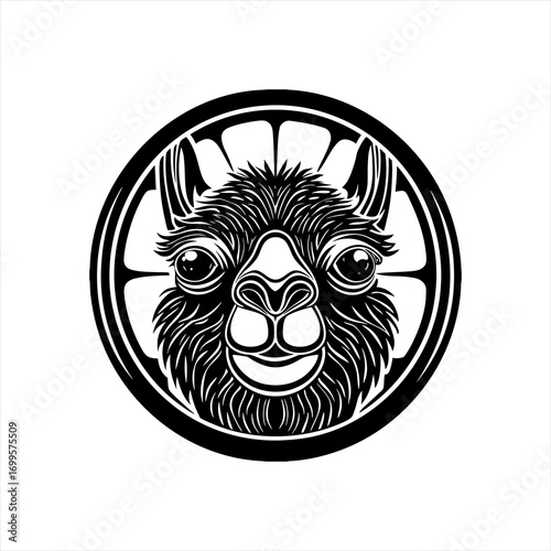 Stylized Black and White Llama Face Emblem.