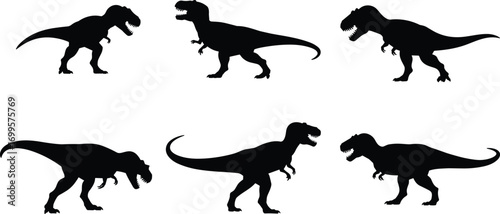 Dinosaur silhouettes T-Rex vector collection, prehistoric animal shadow illustrations, ancient predator standing, roaring, walking, isolated black shapes for design, Jurassic artwork