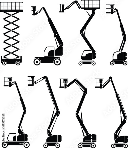 Aerial work platform, boom lift, scissor lift, articulated arm, telescopic lift, construction equipment, silhouette, flat vector illustrationAerial work platform, 
