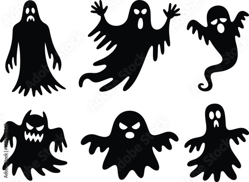 Halloween ghost silhouettes vector illustration, spooky scary spirit icons, haunted creepy monster shapes, horror phantom clipart design for decoration, celebration, party theme