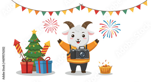 A cartoon goat in an orange shirt holds a camera posing with Christmas decorations