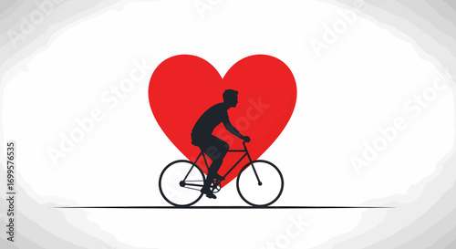 Silhouette of Cyclist Riding Bicycle in Front of Red Heart, Symbolizing Love for Cycling