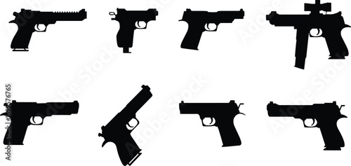  Handgun silhouette collection, pistol vector set, firearm weapon illustration, military handgun graphic design, black gun shapes, tactical weapon symbols, isolated icons