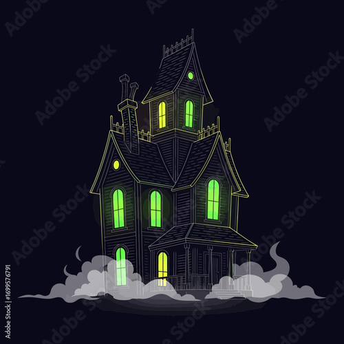 Spooky Haunted House with Glowing Green Windows and Eerie Fog on a Dark Night