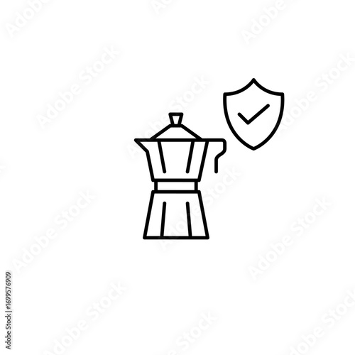 Moka coffee pot, shield and checkmark. Organic fair trade product, certified barista. Pixel perfect, editable stroke vector icon