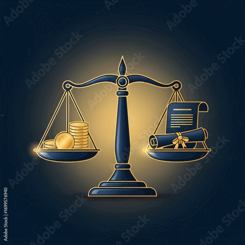 Symbol of Justice and Wealth: Scales Balancing Gold Coins Against a Scroll of Law
