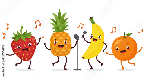 Cartoon Fruits Singing and Dancing illustration featuring strawberry, cartoon, pineapple, stage, cheerful, vibrant concept design for modern creative