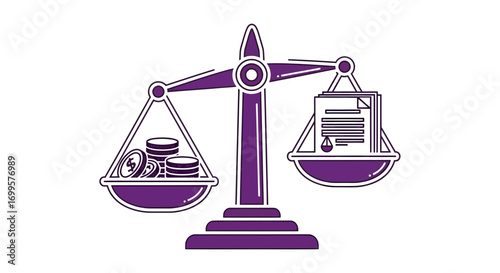Symbolic Scales Balancing Money and Legal Documents Representing Justice and Finance