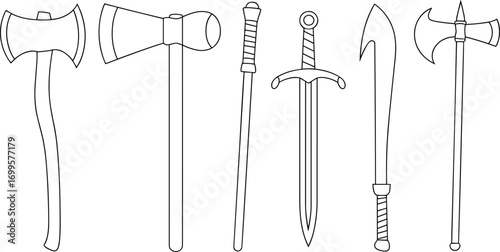 Medieval weapon vector illustration of axes and swords, outline design collection, fantasy battle weapons, black line drawing set for historical artwork, decoration