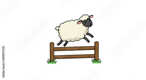 Cartoon Sheep Jumping Over Fence illustration featuring wood, art, brown, livestock, sheep, pasture concept design
