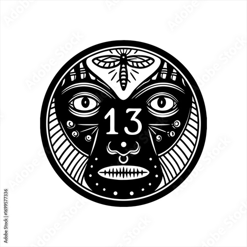 Tribal Mask with Insect and Number 13.