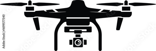 Drone silhouette, quadcopter, aerial camera, flying drone, surveillance equipment, propeller drone, front view, flat vector illustration