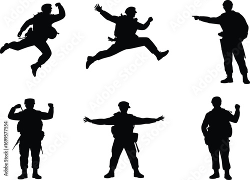  Military soldier silhouette vector set with action poses, jumping, pointing, standing, training, combat, army men illustration for war, security, defense design