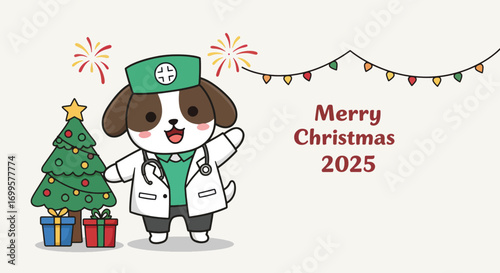A cartoon dog dressed as a doctor stands by a Christmas tree and presents