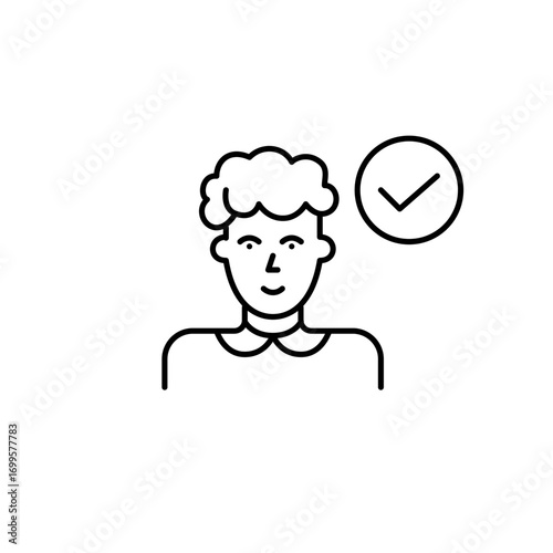Woman and checkmark. Verified profile, authentication and health checkup passed. Pixel perfect, editable stroke vector icon