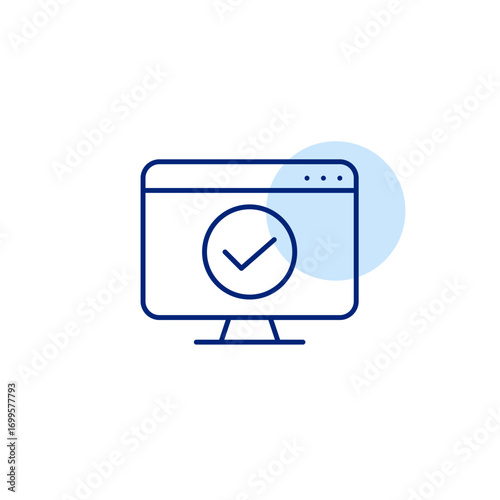 Computer and checkmark. Verified device, system updated. User account identification passed. Pixel perfect, editable stroke vector icon