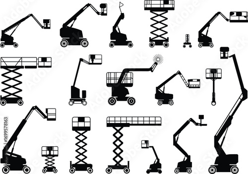 Aerial work platform silhouettes, boom lift types, scissor lift icons, construction equipment, industrial access machines, flat vector illustration