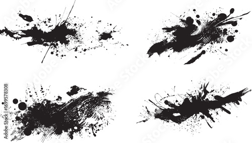 Set of vector paint brush stroke, ink splash and grungy decoration elements Vector grunge brush strokes texture rough black scratches for paint splatter template.
