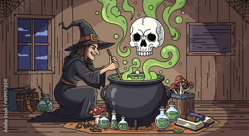 Witch brewing potion in cauldron with skull, bottles and mushrooms, Halloween concept