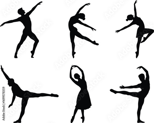 Silhouette ballet dancers performing elegant dance poses, classical ballerina movements, vector illustration of graceful dancers, artistic choreography, expressive performance, dance studio art design