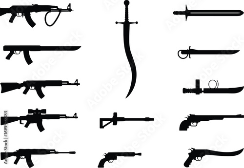  Silhouette collection of guns, rifles, pistols, and swords, black weapon vector illustration, military firearms, medieval swords, combat knife, war weapon design