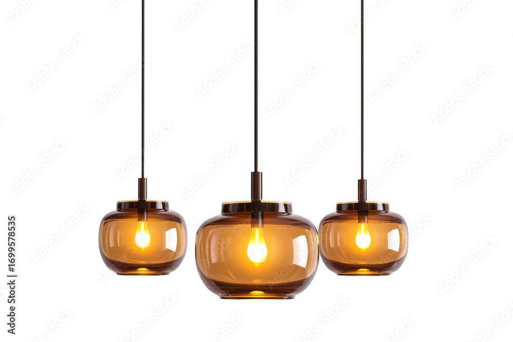 Fototapeta premium Three pendant lights fixture, amber glass hanging lamp, modern lighting design, interior decor isolated on transparent background