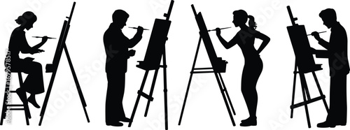  Silhouette of artists painting on easels, man and woman with brushes, creative art design, drawing people illustration, artistic vector, painting activity graphic