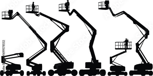 Boom lift types, construction equipment, aerial work platforms, silhouette comparison, industrial machines, flat vector illustration, maintenance tools, elevation access, safety gear