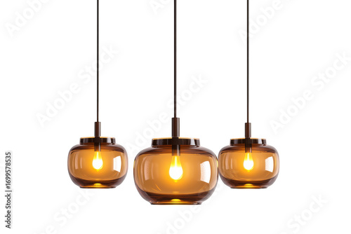Three pendant lights fixture, amber glass hanging lamp, modern lighting design, interior decor isolated on transparent background