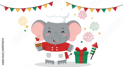 A cartoon elephant chef holds a cupcake next to a gift and fireworks