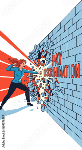 Woman Punches Through Brick Wall Symbolizing Fight Against Pay Discrimination