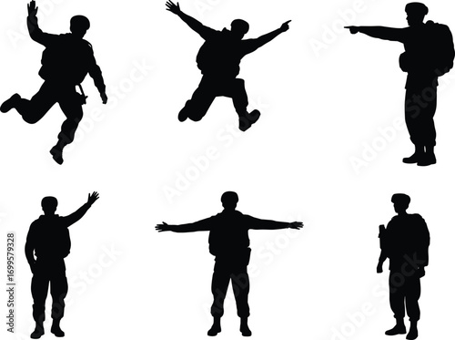  Silhouette vector illustration of soldiers in different poses, standing, jumping, pointing, waving, military army men collection design isolated on white background