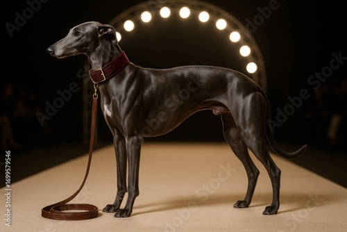 Greyhound dog with glossy coat, velvet collar and leather leash standing on runway with spotlight arch for London Fashion Week
