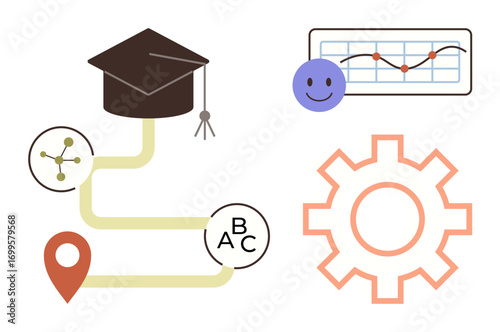 Graduation hat with roadmap, location pin, branching network, analytics chart, and gear. Ideal for education, career growth, planning achievement innovation process optimization knowledge. Simple