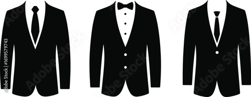Vector illustration of elegant suits and tuxedos with necktie and bow tie, formal clothing silhouettes, business attire icons, professional fashion symbols