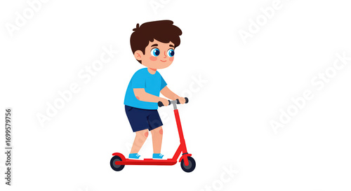 Cute cartoon boy riding a red kick scooter illustration featuring boy, character, activity, kid,