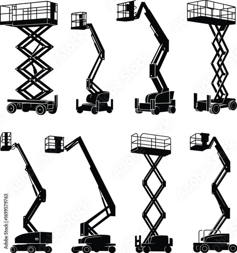 Aerial work platforms, boom lifts, scissor lifts, construction equipment, industrial machinery, elevated work, safety platforms, vector icons, silhouette style, maintenance tools