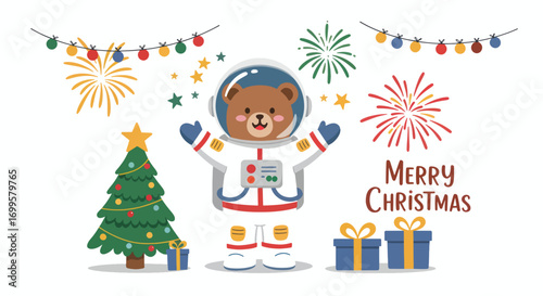 A cartoon bear in an astronaut suit with a Christmas tree and gifts