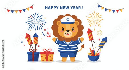 A cute lion in a sailor outfit celebrates New Year with fireworks