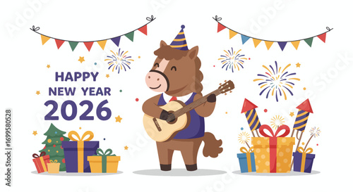 Happy New Year 2026 celebration with a horse playing guitar gifts and fireworks