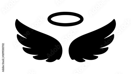 Simple black silhouette of angel wings and a halo icon.