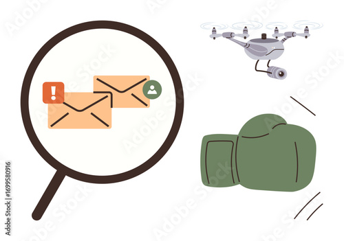 Magnifying glass highlights email communication, surveillance quadcopter captures imagery, and camera represents observation and security. Ideal for technology, privacy, security, monitoring