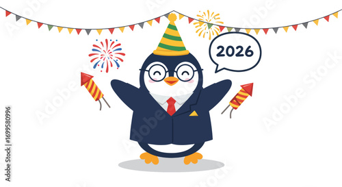 Penguin in suit and party hat with fireworks celebrating 2026