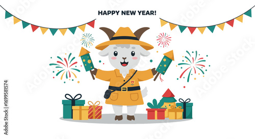 A cartoon goat in a yellow outfit holds fireworks celebrating New Year